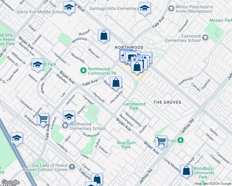 map of restaurants, bars, coffee shops, grocery stores, and more near 53 Monticello in Irvine