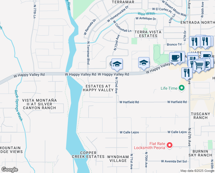 map of restaurants, bars, coffee shops, grocery stores, and more near 7227 West Fallen Leaf Lane in Peoria