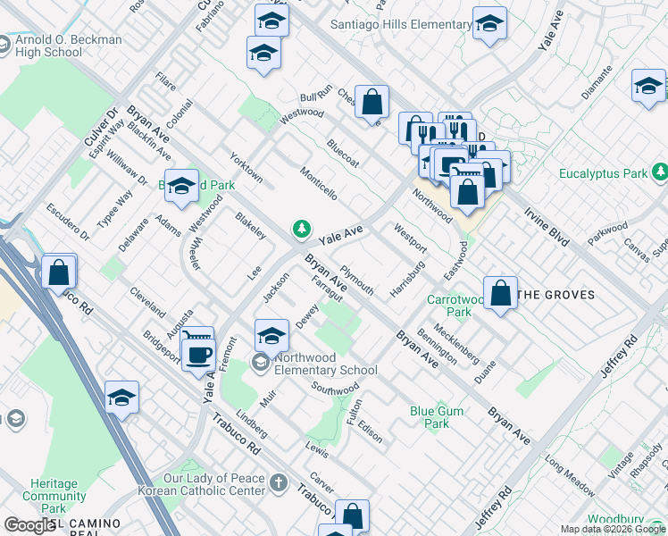 map of restaurants, bars, coffee shops, grocery stores, and more near 53 Plymouth in Irvine