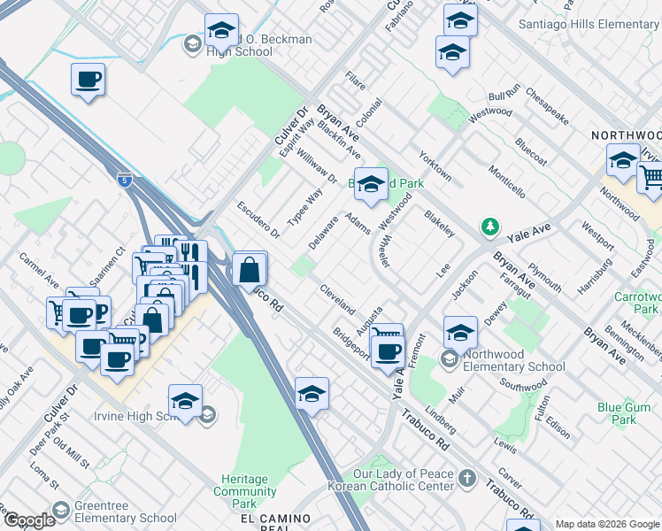 map of restaurants, bars, coffee shops, grocery stores, and more near 32 Wakefield in Irvine