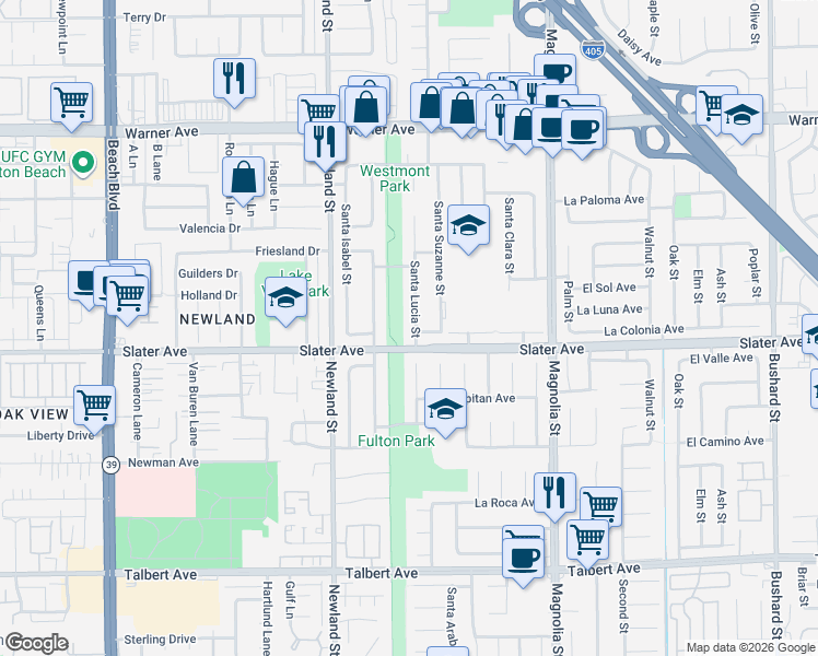 map of restaurants, bars, coffee shops, grocery stores, and more near 17430 Santa Maria Street in Fountain Valley