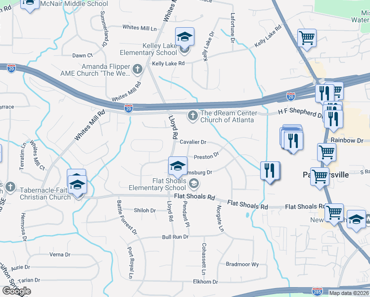 map of restaurants, bars, coffee shops, grocery stores, and more near 2666 Jamestown Way in Decatur