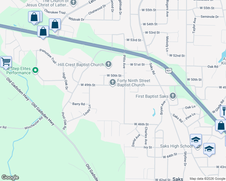 map of restaurants, bars, coffee shops, grocery stores, and more near 1120 West 49th Street in Anniston