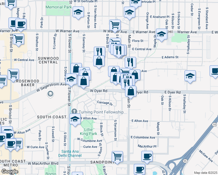 map of restaurants, bars, coffee shops, grocery stores, and more near 2730 South Main Street in Santa Ana