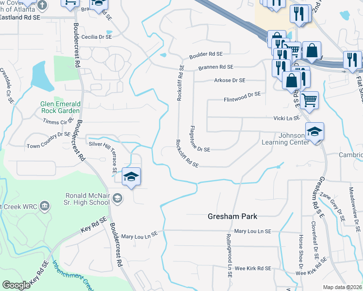 map of restaurants, bars, coffee shops, grocery stores, and more near 2683 Rockcliff Road Southeast in Atlanta