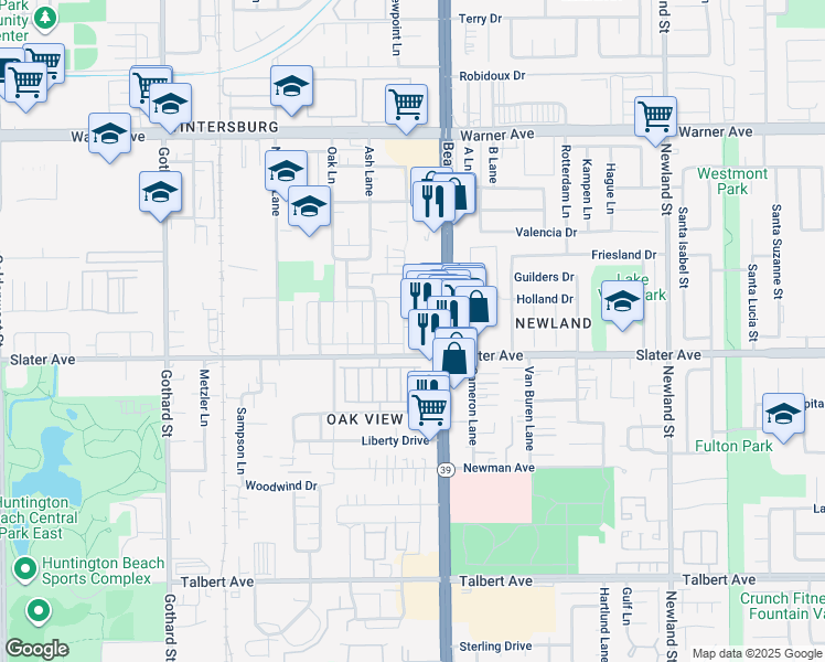 map of restaurants, bars, coffee shops, grocery stores, and more near 17422 Keelson Lane in Huntington Beach