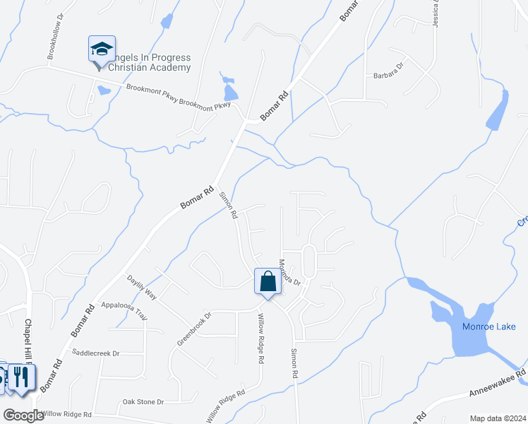 map of restaurants, bars, coffee shops, grocery stores, and more near 3835 Kings Bridge Drive in Douglasville