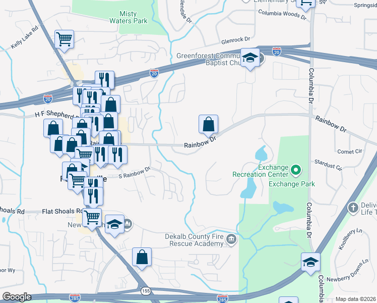 map of restaurants, bars, coffee shops, grocery stores, and more near 3095 Rainbow Drive in Decatur