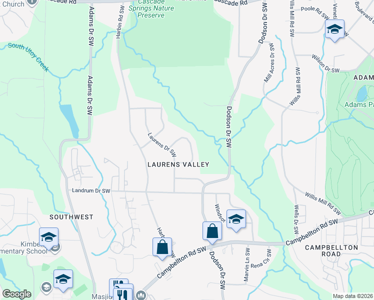 map of restaurants, bars, coffee shops, grocery stores, and more near 2671 Laurens Circle Southwest in Atlanta