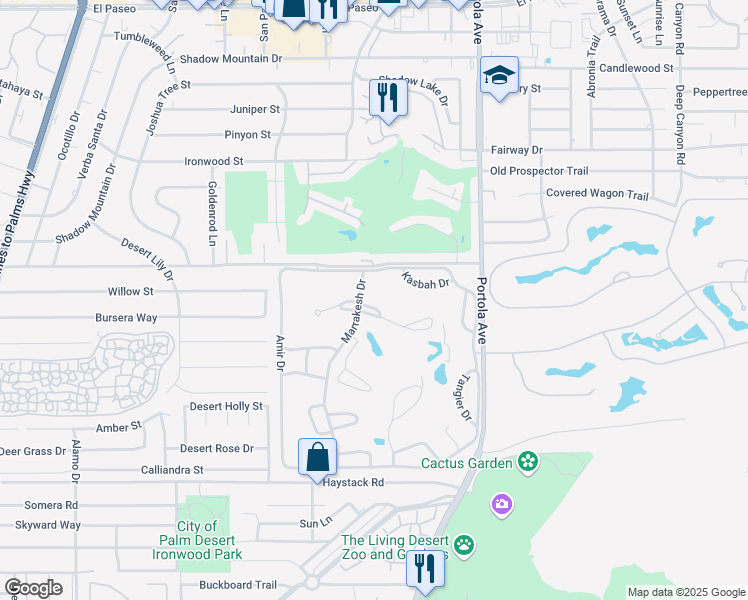 map of restaurants, bars, coffee shops, grocery stores, and more near 47128 El Menara Circle in Palm Desert