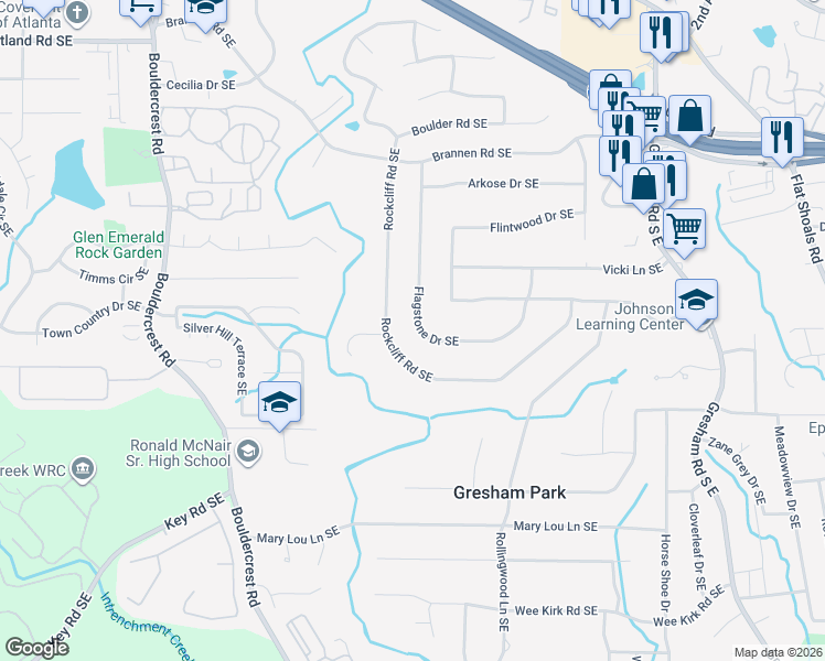 map of restaurants, bars, coffee shops, grocery stores, and more near 2685 Flagstone Drive Southeast in Atlanta