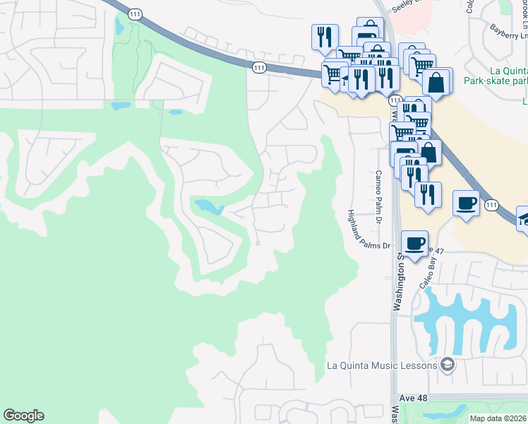 map of restaurants, bars, coffee shops, grocery stores, and more near 78125 Cabrillo Lane in Indian Wells