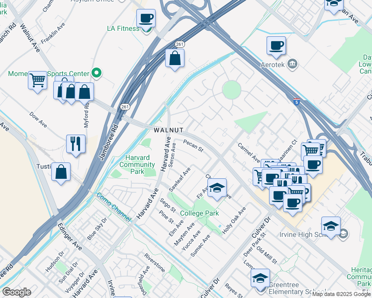 map of restaurants, bars, coffee shops, grocery stores, and more near 3471 Eboe Street in Irvine