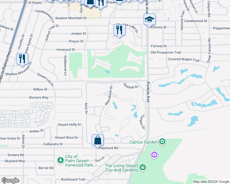 map of restaurants, bars, coffee shops, grocery stores, and more near 47128 El Menara Circle in Palm Desert