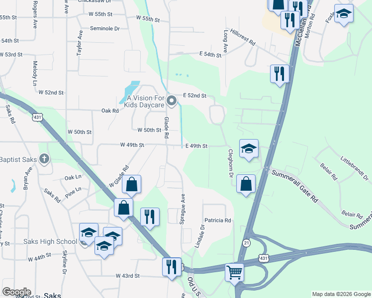 map of restaurants, bars, coffee shops, grocery stores, and more near 110 East 49th Street in Anniston