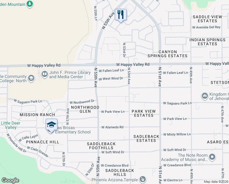 map of restaurants, bars, coffee shops, grocery stores, and more near 5353 West Whispering Wind Drive in Glendale