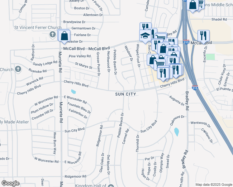 map of restaurants, bars, coffee shops, grocery stores, and more near 26439 Cherry Hills Boulevard in Menifee