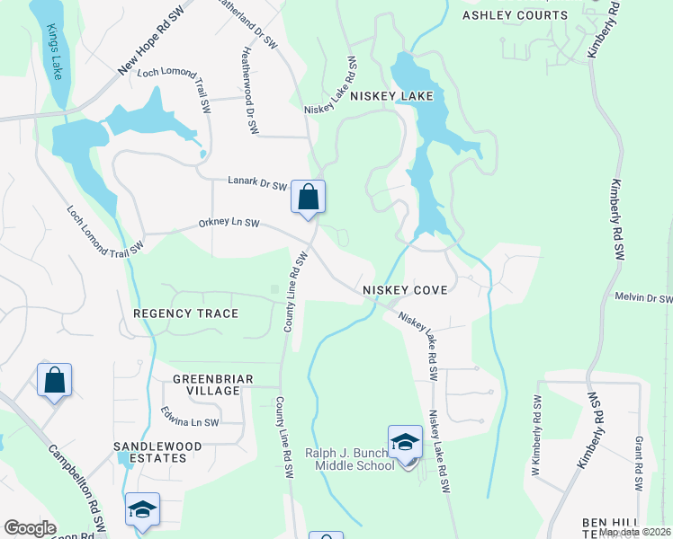 map of restaurants, bars, coffee shops, grocery stores, and more near 1674 Niskey Lake Road Southwest in Atlanta