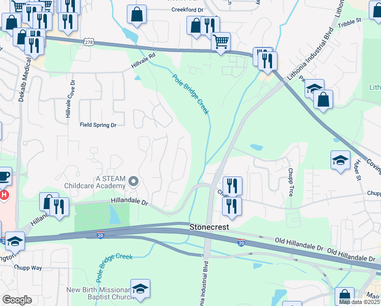 map of restaurants, bars, coffee shops, grocery stores, and more near 476 Hillandale Park Drive in Lithonia