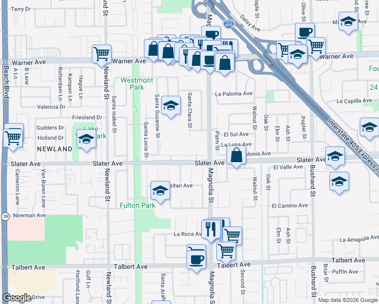 map of restaurants, bars, coffee shops, grocery stores, and more near 8913 La Dona Court in Fountain Valley