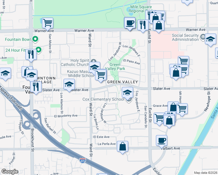 map of restaurants, bars, coffee shops, grocery stores, and more near in Fountain Valley