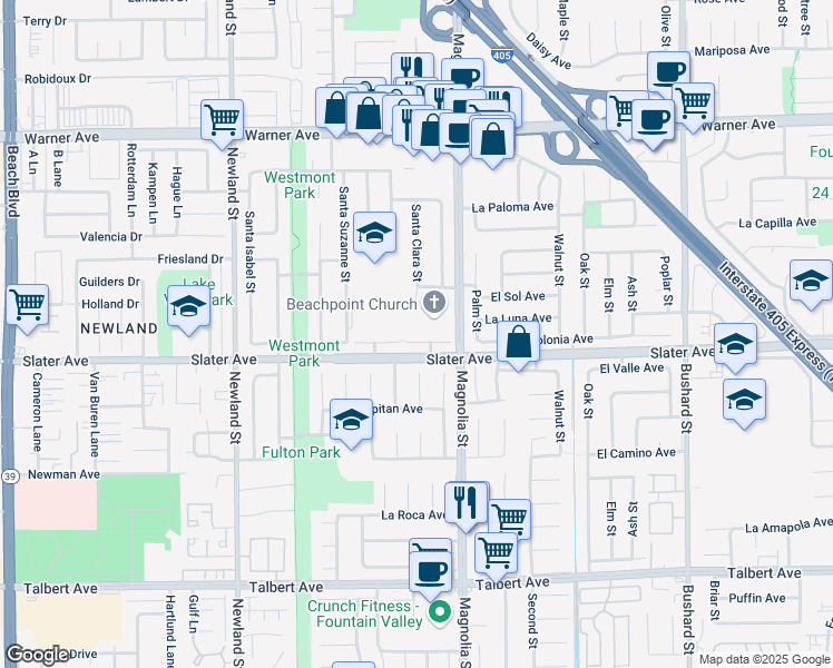 map of restaurants, bars, coffee shops, grocery stores, and more near 8913 La Dona Court in Fountain Valley