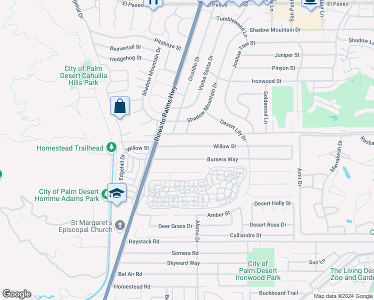 map of restaurants, bars, coffee shops, grocery stores, and more near 72917 Willow Street in Palm Desert