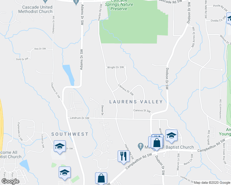 map of restaurants, bars, coffee shops, grocery stores, and more near 1690 Harbin Road Southwest in Atlanta