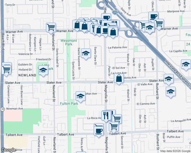 map of restaurants, bars, coffee shops, grocery stores, and more near 8913 La Dona Court in Fountain Valley