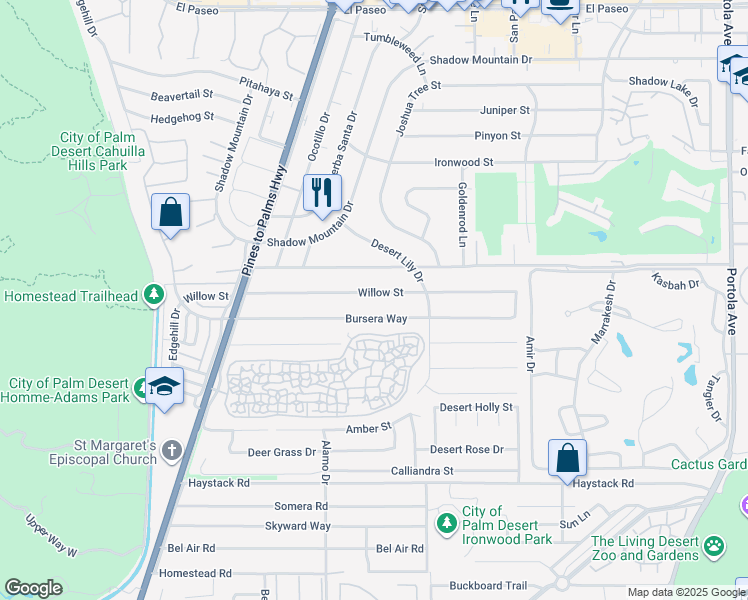 map of restaurants, bars, coffee shops, grocery stores, and more near 73183 Willow Street in Palm Desert