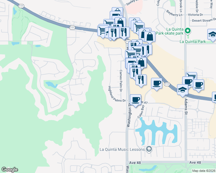 map of restaurants, bars, coffee shops, grocery stores, and more near 46735 Highland Palms Drive in La Quinta