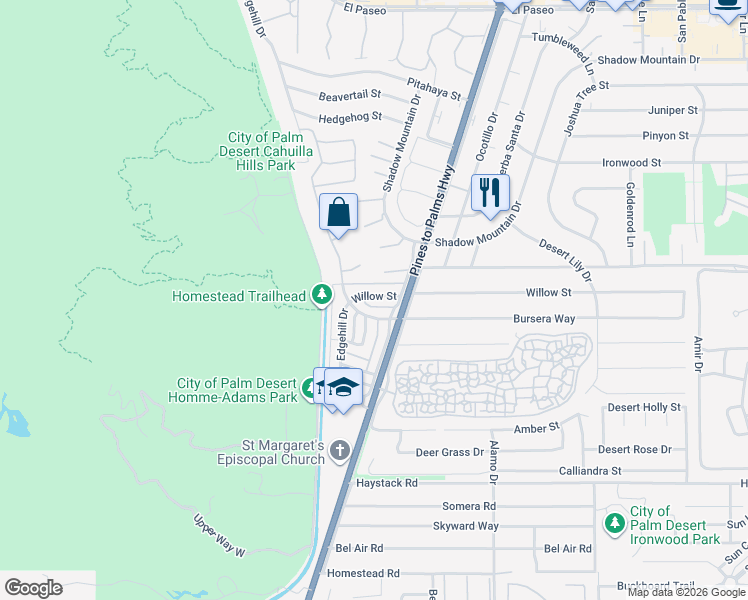 map of restaurants, bars, coffee shops, grocery stores, and more near 72763 Willow Street in Palm Desert