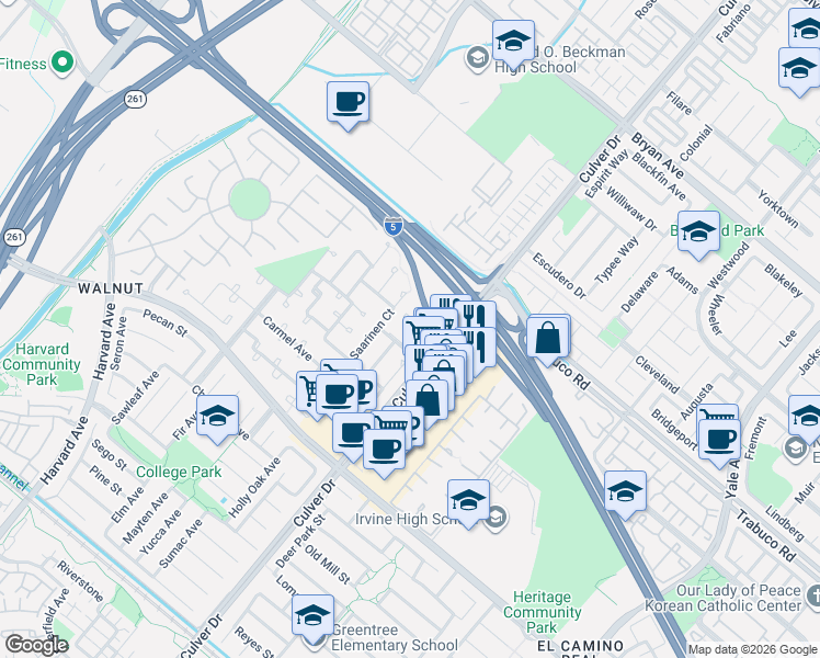 map of restaurants, bars, coffee shops, grocery stores, and more near 14136 Moore Court in Irvine