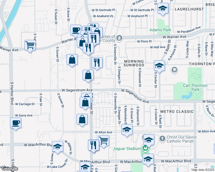 map of restaurants, bars, coffee shops, grocery stores, and more near 2853 South Fairview Street in Santa Ana