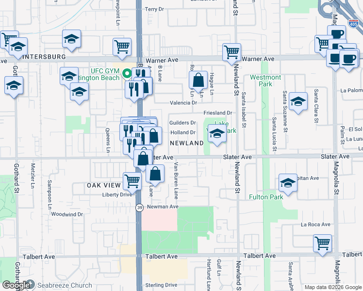 map of restaurants, bars, coffee shops, grocery stores, and more near 17402 Meer Circle in Huntington Beach