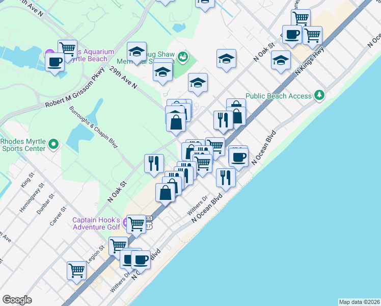 map of restaurants, bars, coffee shops, grocery stores, and more near 506 28th Avenue North in Myrtle Beach