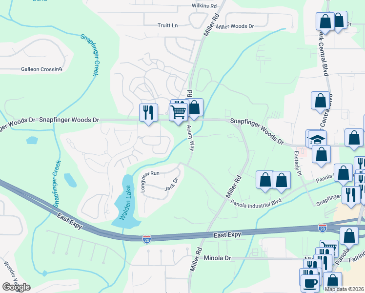 map of restaurants, bars, coffee shops, grocery stores, and more near 2620 Shellbark Road in Decatur