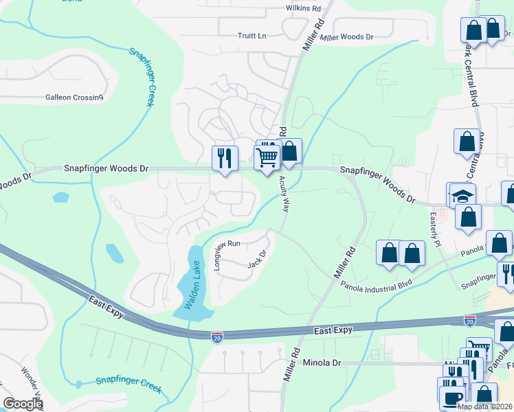 map of restaurants, bars, coffee shops, grocery stores, and more near 2620 Shellbark Road in Decatur