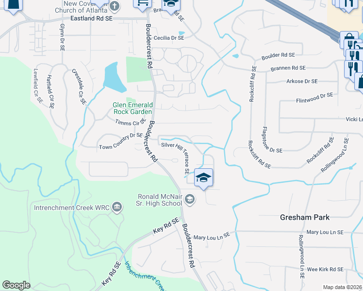 map of restaurants, bars, coffee shops, grocery stores, and more near 3103 Silver Hill Terrace Southeast in Atlanta