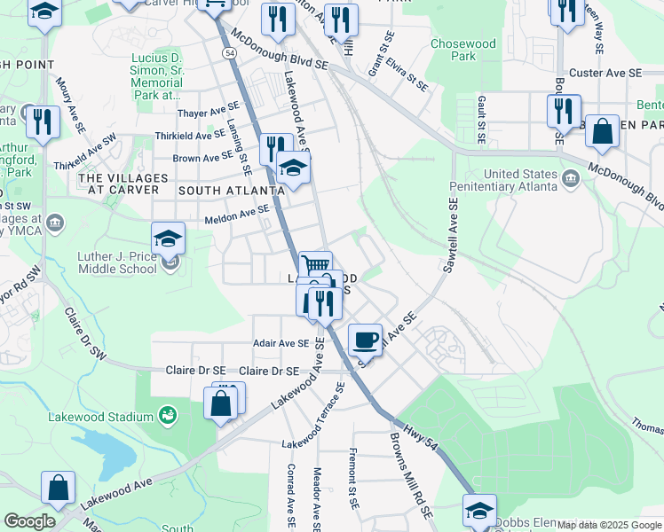 map of restaurants, bars, coffee shops, grocery stores, and more near 1644 Lakewood Avenue Southeast in Atlanta