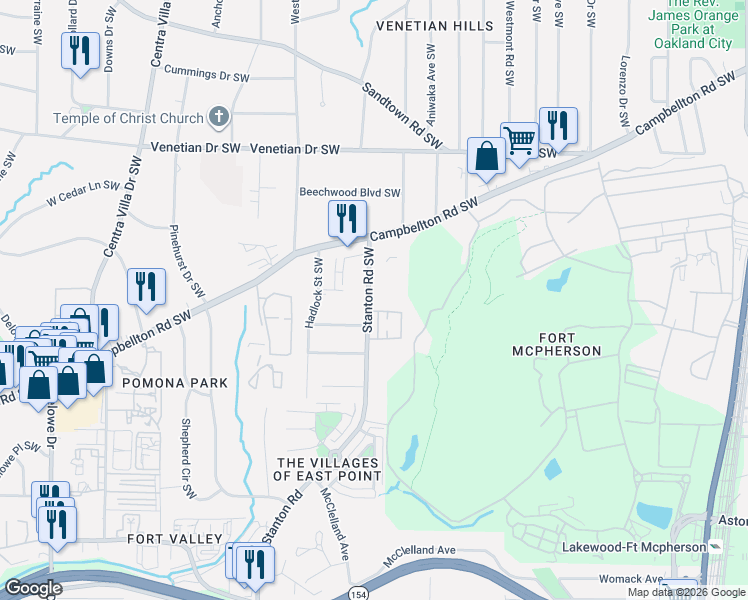 map of restaurants, bars, coffee shops, grocery stores, and more near 1669 Stanton Road Southwest in Atlanta