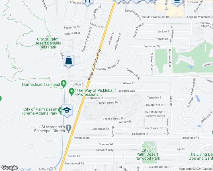 map of restaurants, bars, coffee shops, grocery stores, and more near 72917 Willow Street in Palm Desert