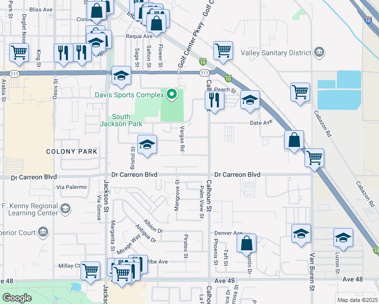 map of restaurants, bars, coffee shops, grocery stores, and more near 83426 Vecino Way in Indio