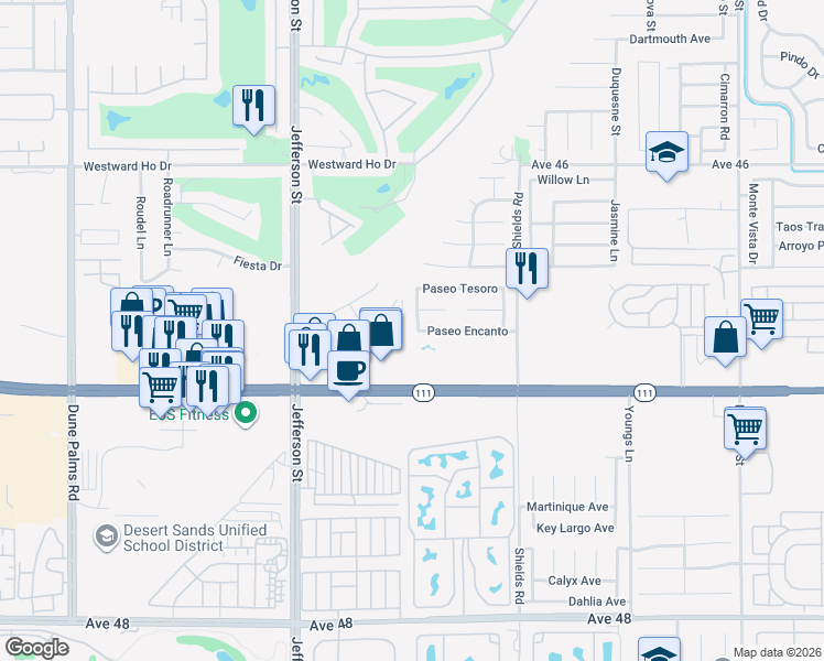map of restaurants, bars, coffee shops, grocery stores, and more near 80316 Paseo Encanto in Indio