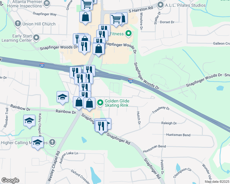 map of restaurants, bars, coffee shops, grocery stores, and more near 2636 Pleasant Wood Drive in Decatur