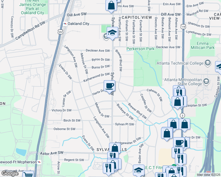 map of restaurants, bars, coffee shops, grocery stores, and more near 1663 Sylvan Road Southwest in Atlanta
