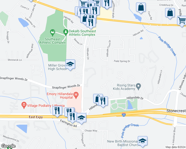 map of restaurants, bars, coffee shops, grocery stores, and more near Camellia Lane in Lithonia