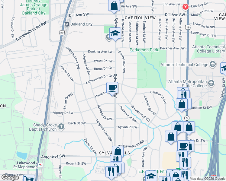 map of restaurants, bars, coffee shops, grocery stores, and more near 1663 Sylvan Road Southwest in Atlanta