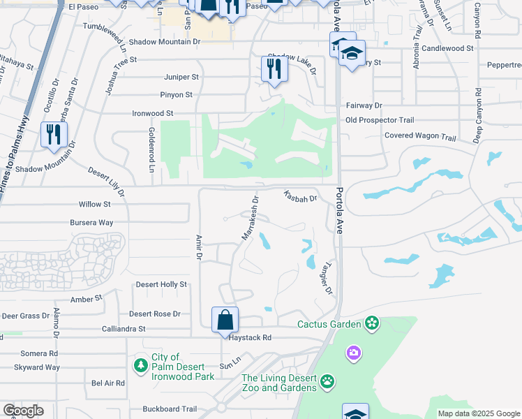 map of restaurants, bars, coffee shops, grocery stores, and more near 47120 El Menara Circle in Palm Desert