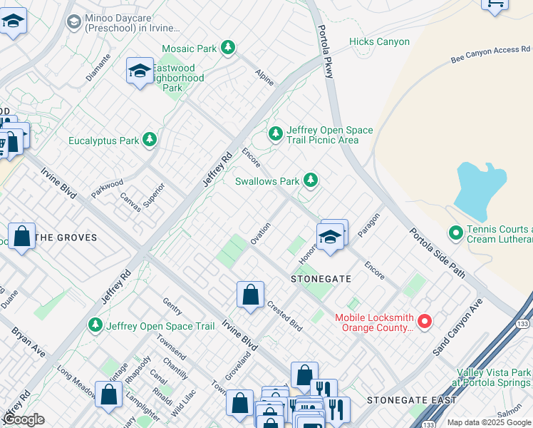 map of restaurants, bars, coffee shops, grocery stores, and more near 54 Birmingham in Irvine